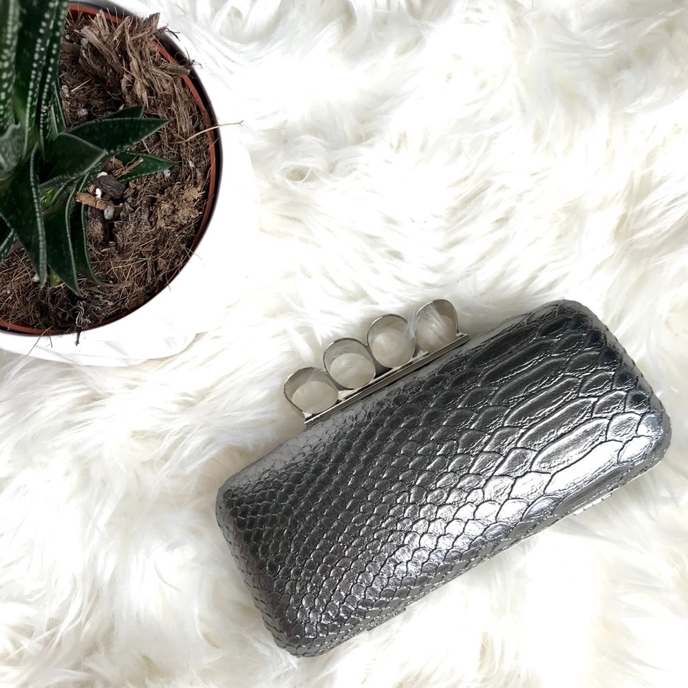 Knuckle Clutch in Silver Faux Snakeskin